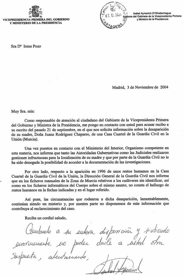 "La Vicepresidenta Fdez. de la Vega, valora seg&uacute;n convenga las desapariciones forzadas del Franquismo" 